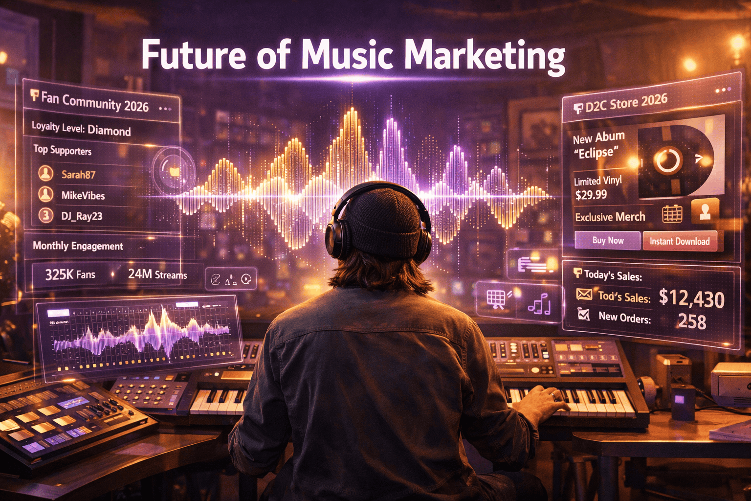 Photorealistic, high-resolution photography, Landscape format (1536x1024) futuristic concept illustration showing a musician surrounded by h