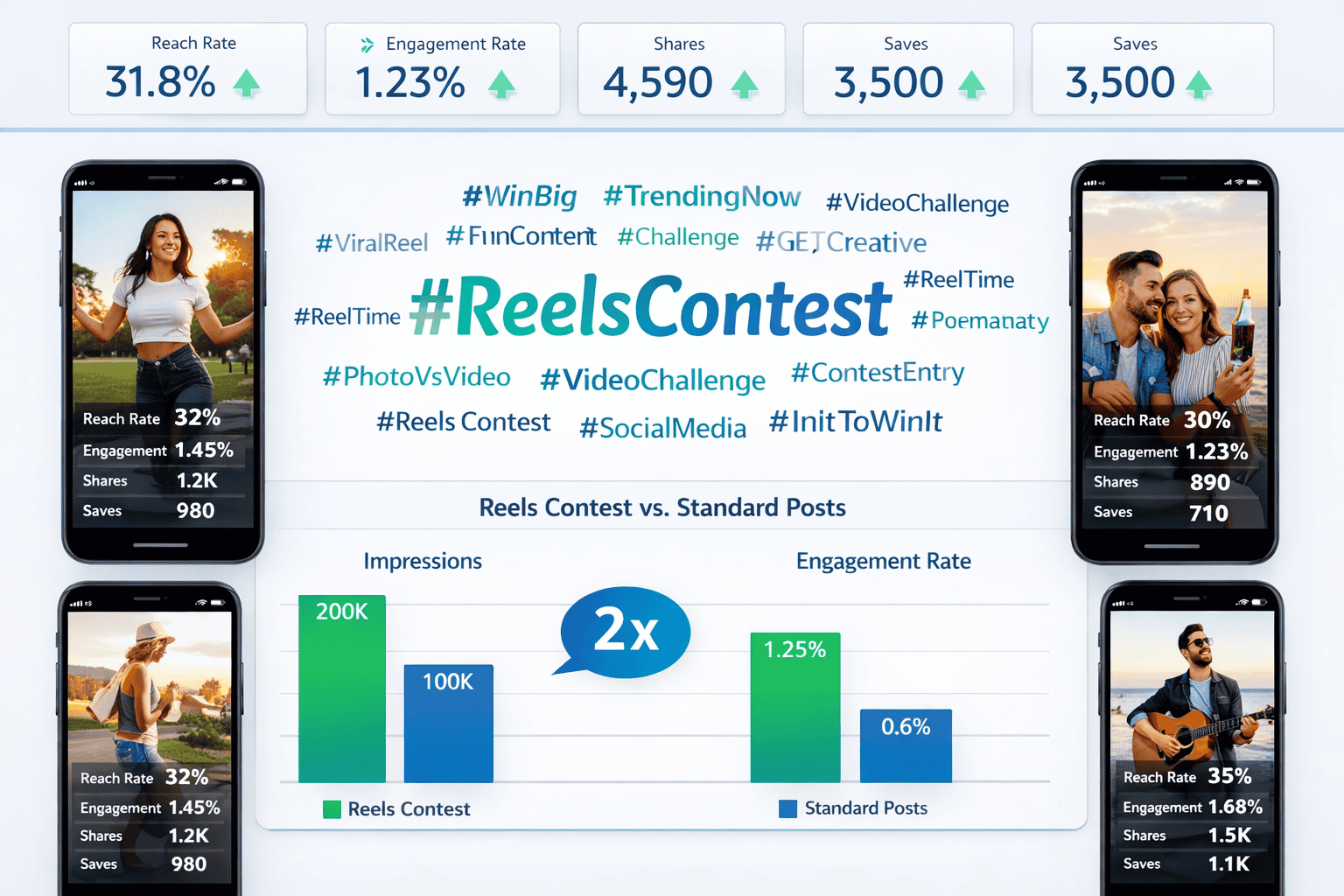 Landscape format (1536x1024) engagement metrics dashboard showing Instagram Reels contest performance data. Display multiple smartphone scre