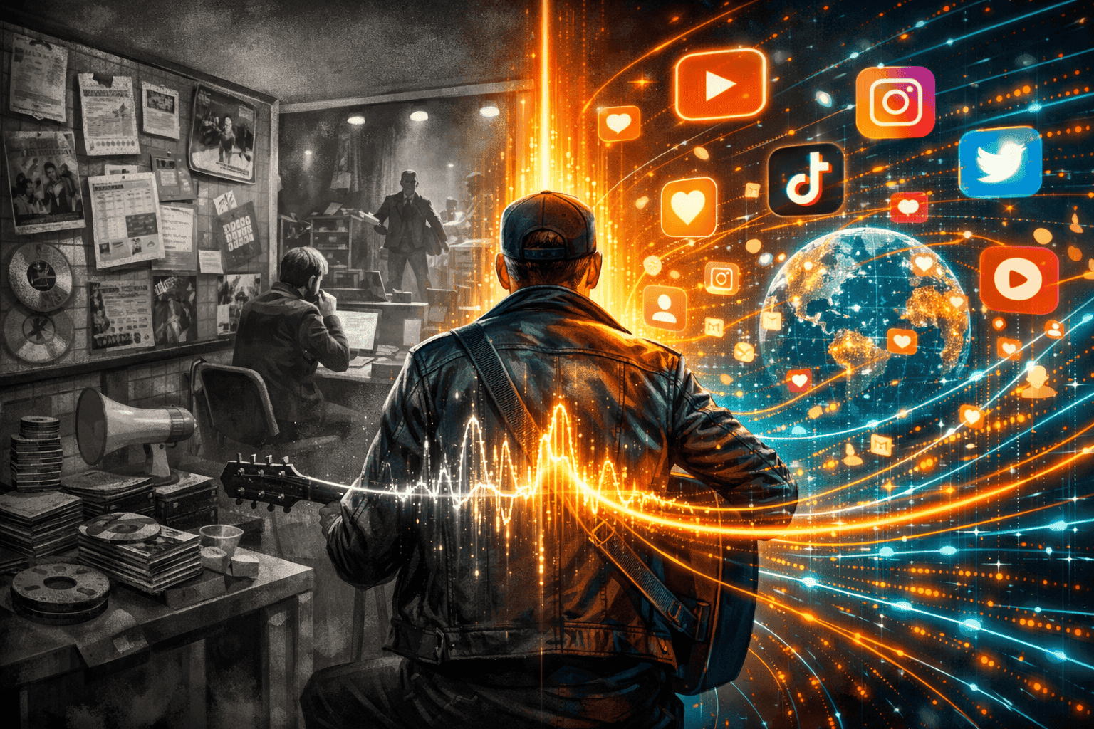 Conceptual editorial image representing 'Why Social Media Strategy Matters in 2026' - split screen composition showing