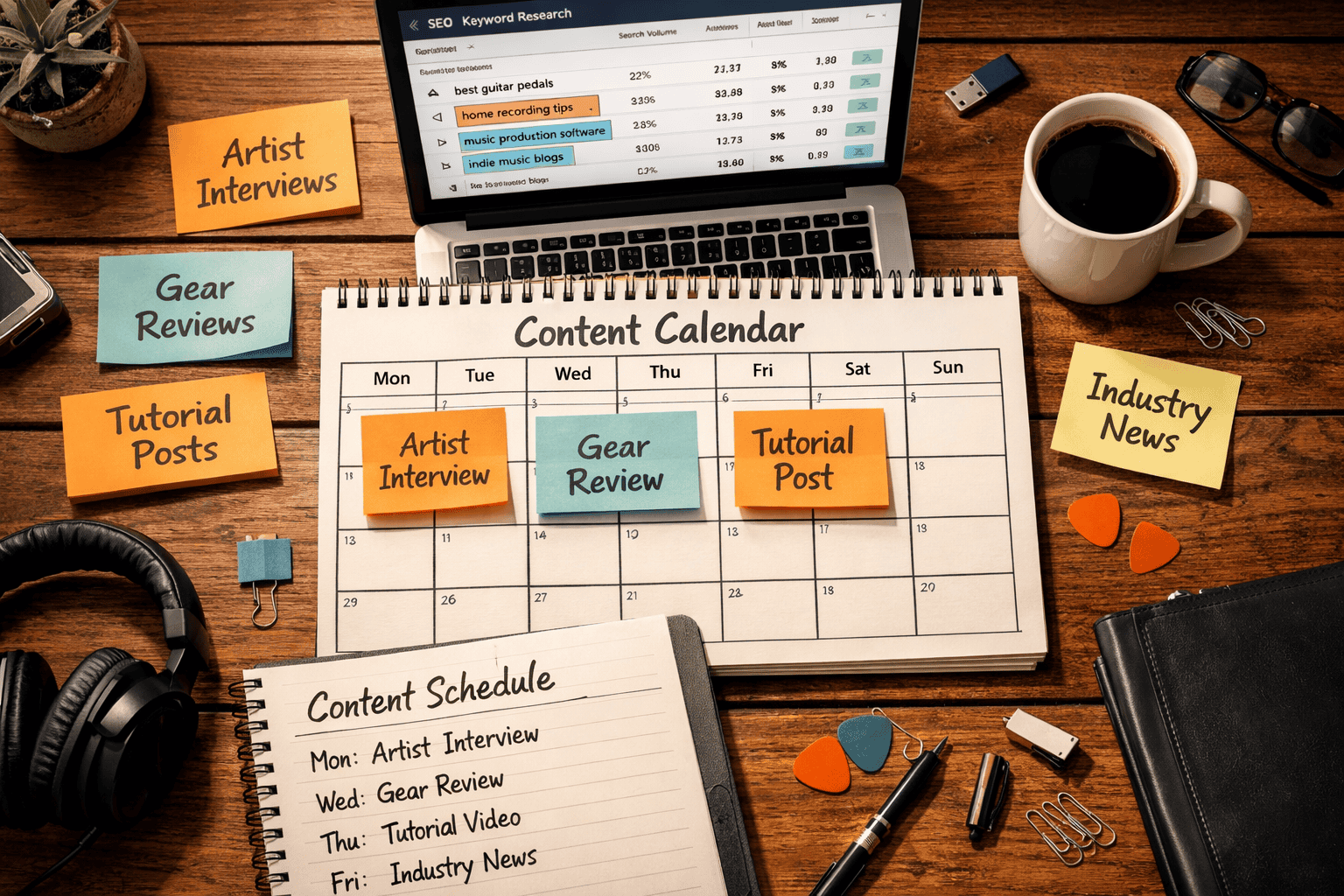 () detailed content strategy visual showing a music blogger's content calendar spread across a desk with sticky notes