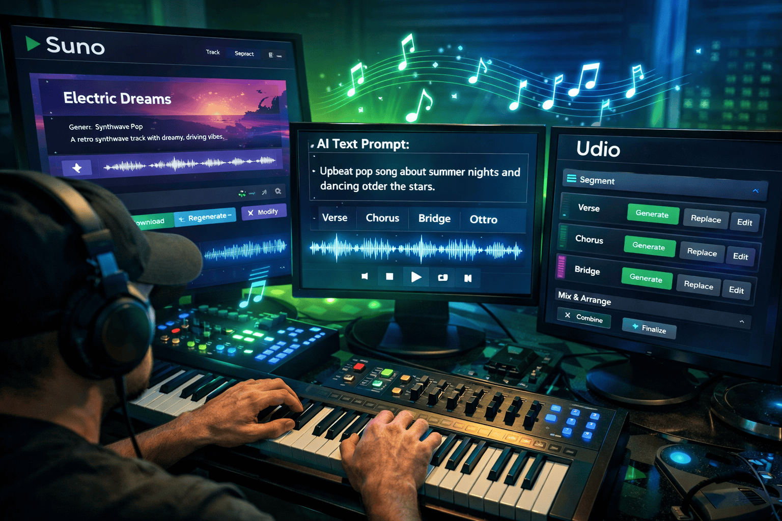 () dynamic scene of a music producer at a modern workstation with multiple monitors displaying AI music generation waveforms