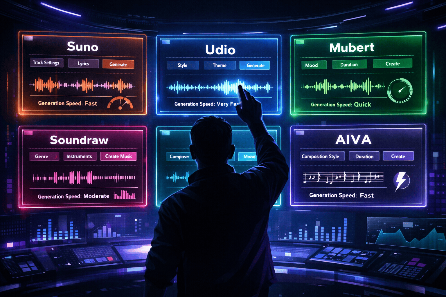 () editorial illustration showing a sleek comparison grid of six AI music tool interfaces displayed on floating holographic