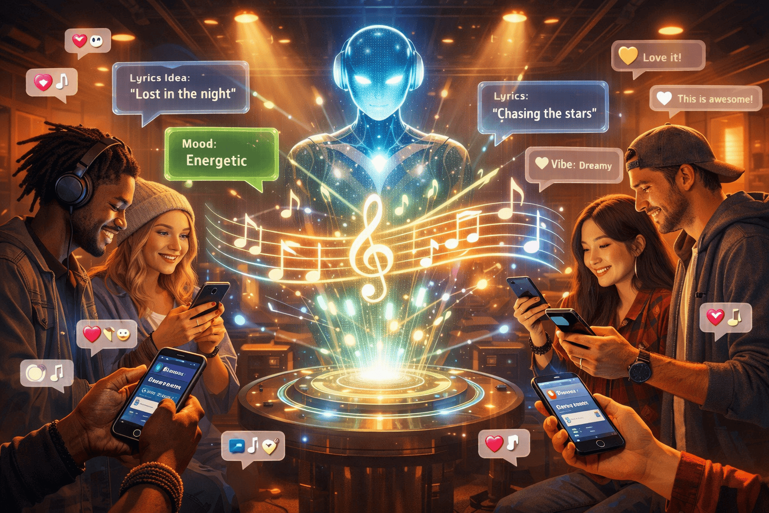 () illustration showing the concept of superfan co-creation: a diverse group of music fans gathered around floating
