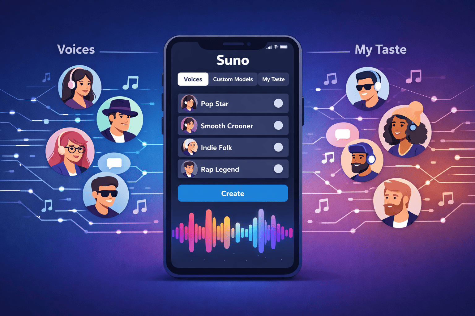 () illustration showing a smartphone screen displaying Suno AI interface with voice customization options and music waveform