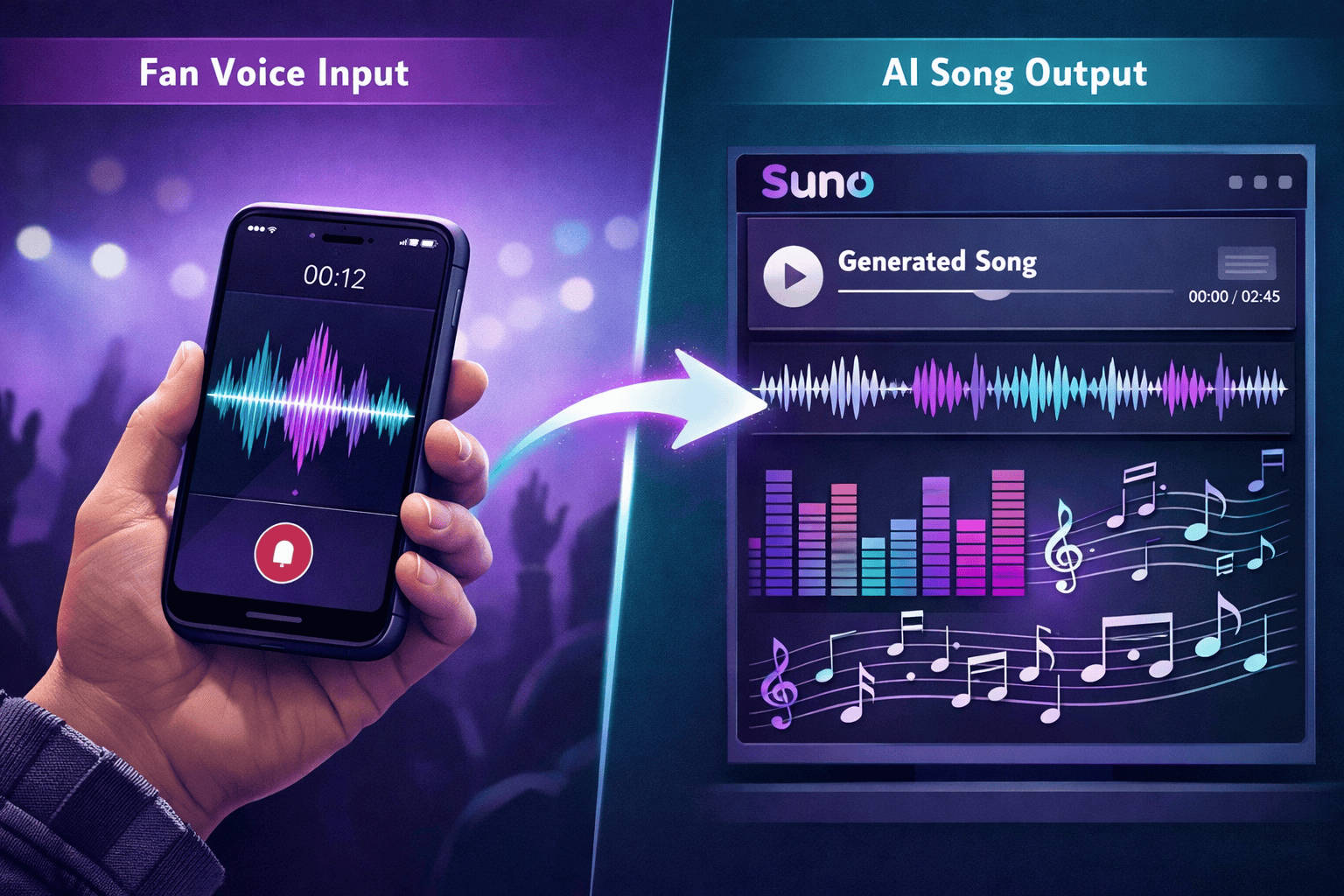 () illustration showing a split-screen concept: left side shows a fan holding a phone recording a voice note with visible