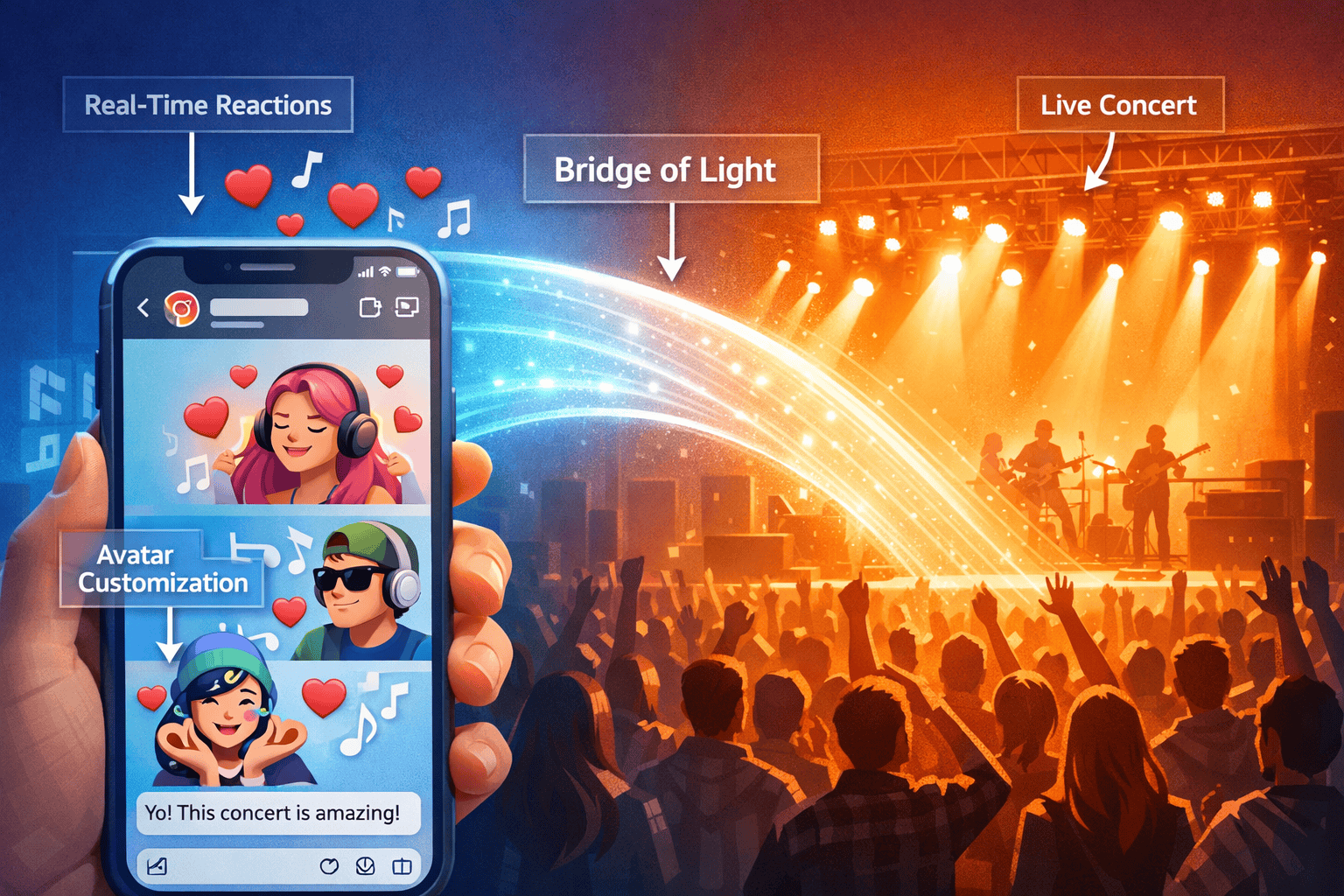 () illustration showing a split-screen concept: left side displays a smartphone with Instagram DM interface open showing AR
