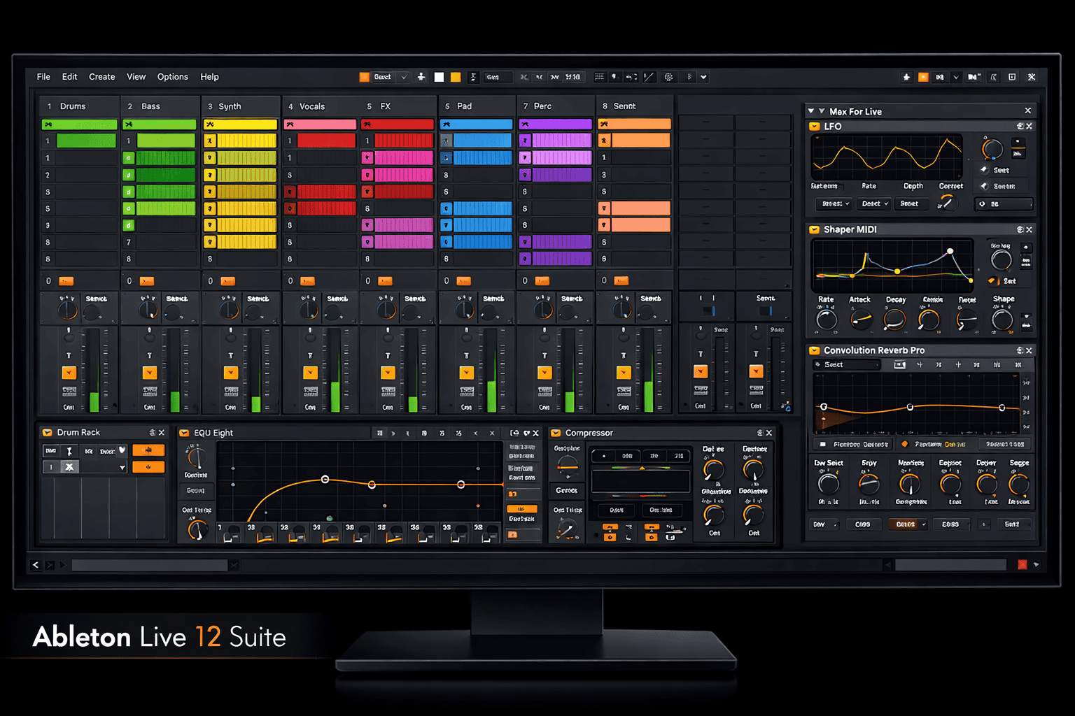 Ableton Live 12 Suite DAW interface displayed on a widescreen monitor showing the iconic dual Session View grid with