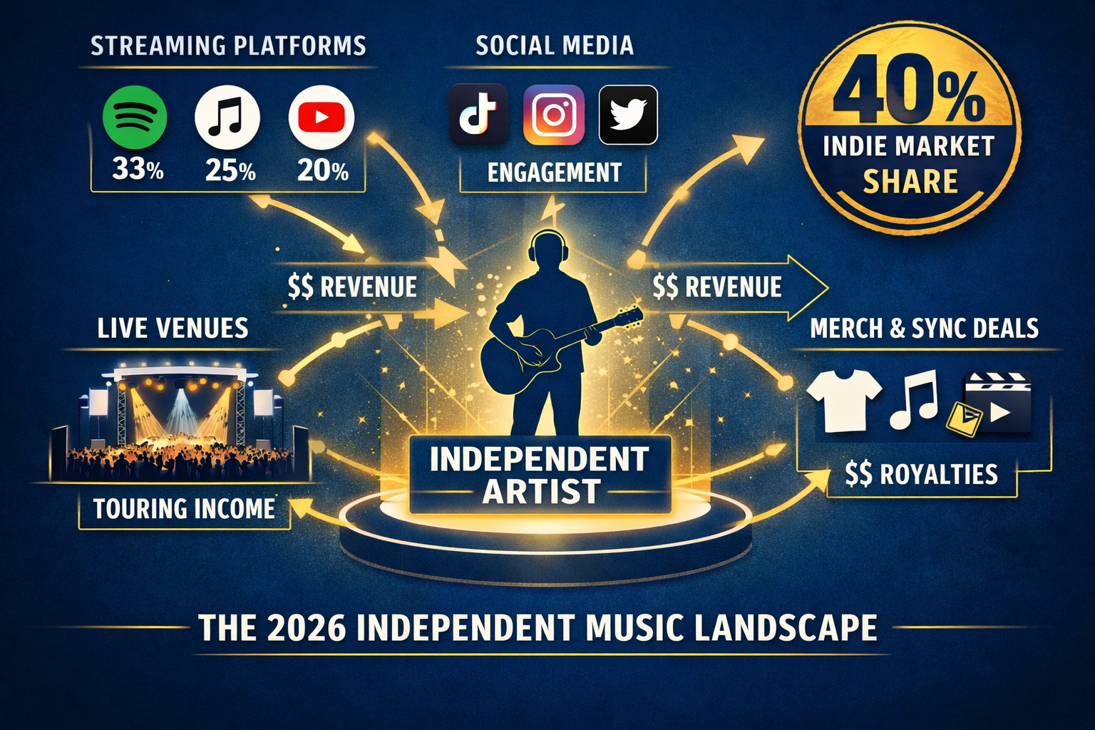 () editorial illustration showing a modern music industry ecosystem map: streaming platform logos (Spotify, Apple Music,