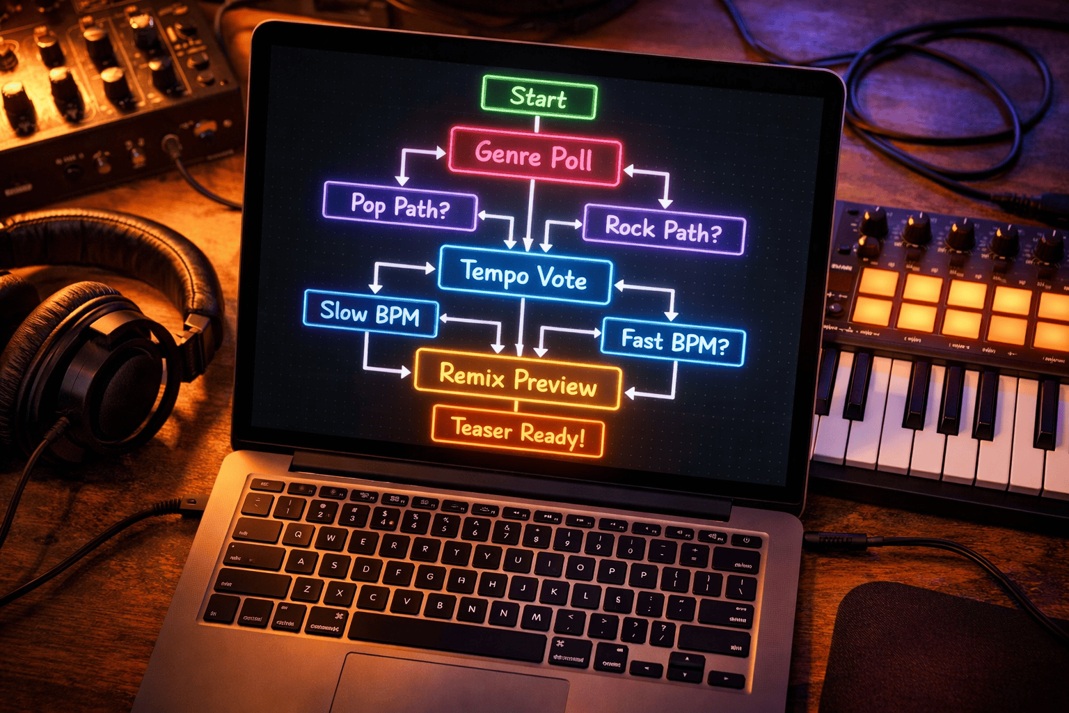 () close-up overhead shot of a music producer workspace with a laptop screen showing a DM automation flow chart with