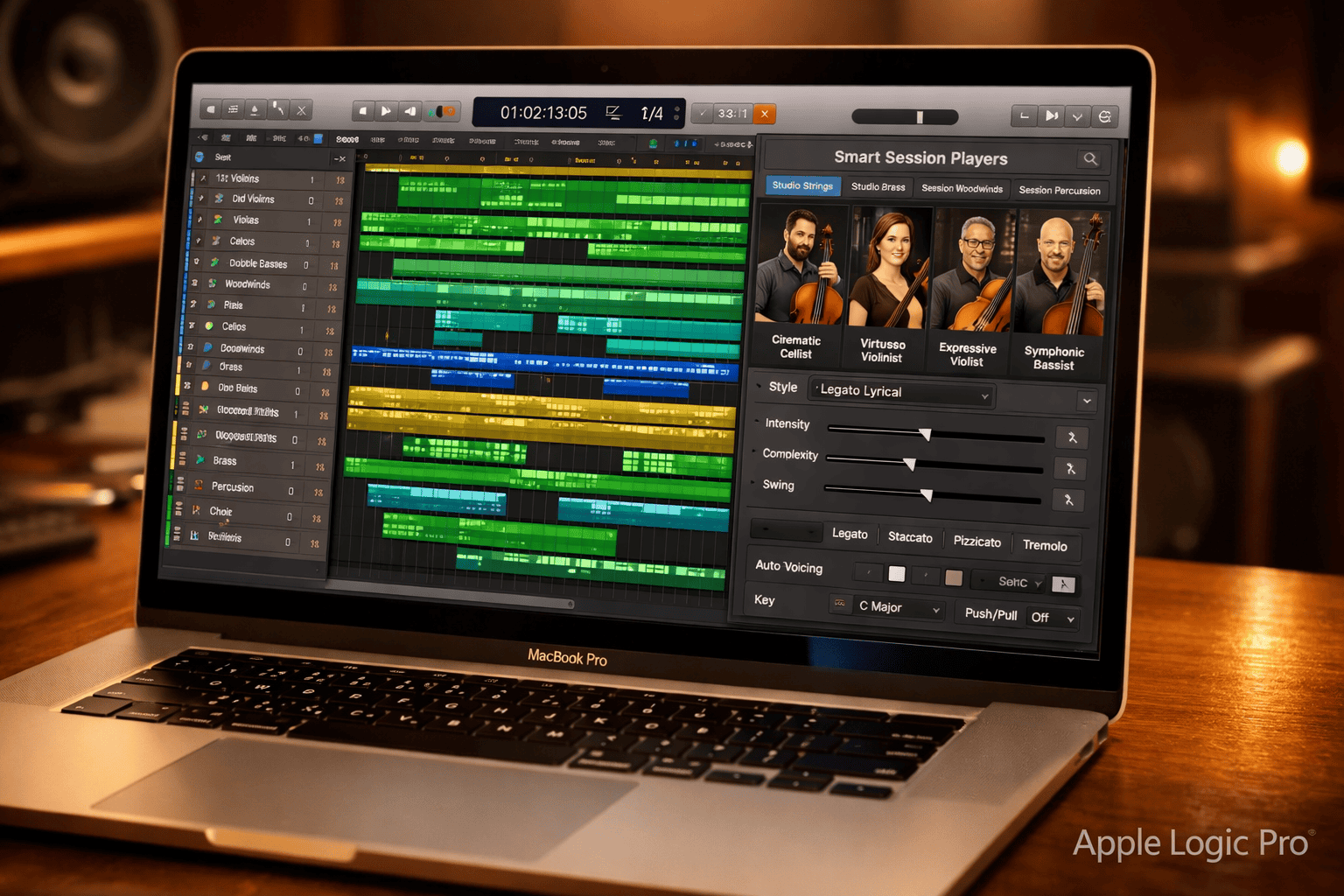 Apple Logic Pro shown on a MacBook Pro with Retina display, featuring the Smart Session Players panel open alongside a lush