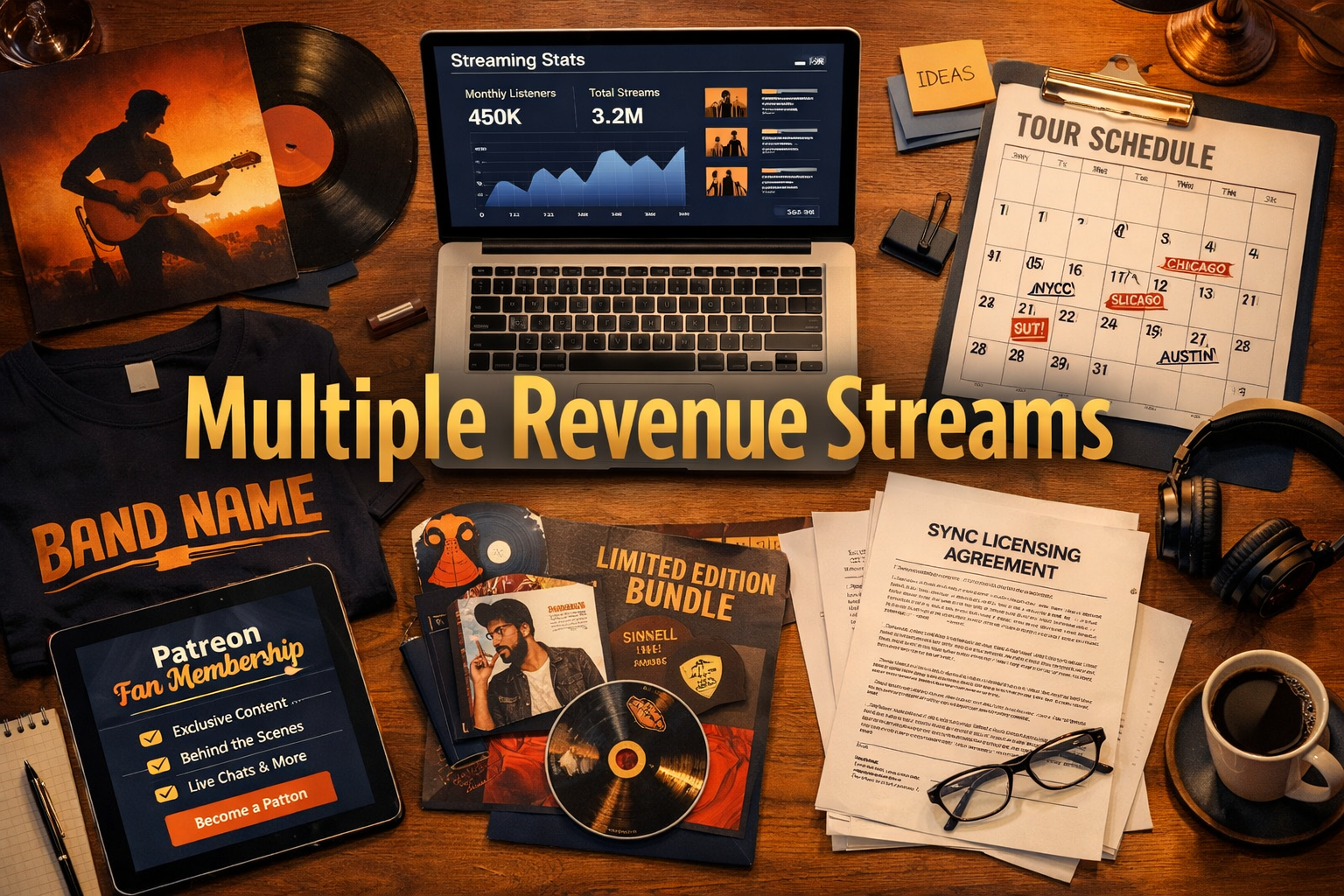 () showing a top-down flat-lay of a music artist's revenue strategy workspace: a desk with a laptop displaying streaming