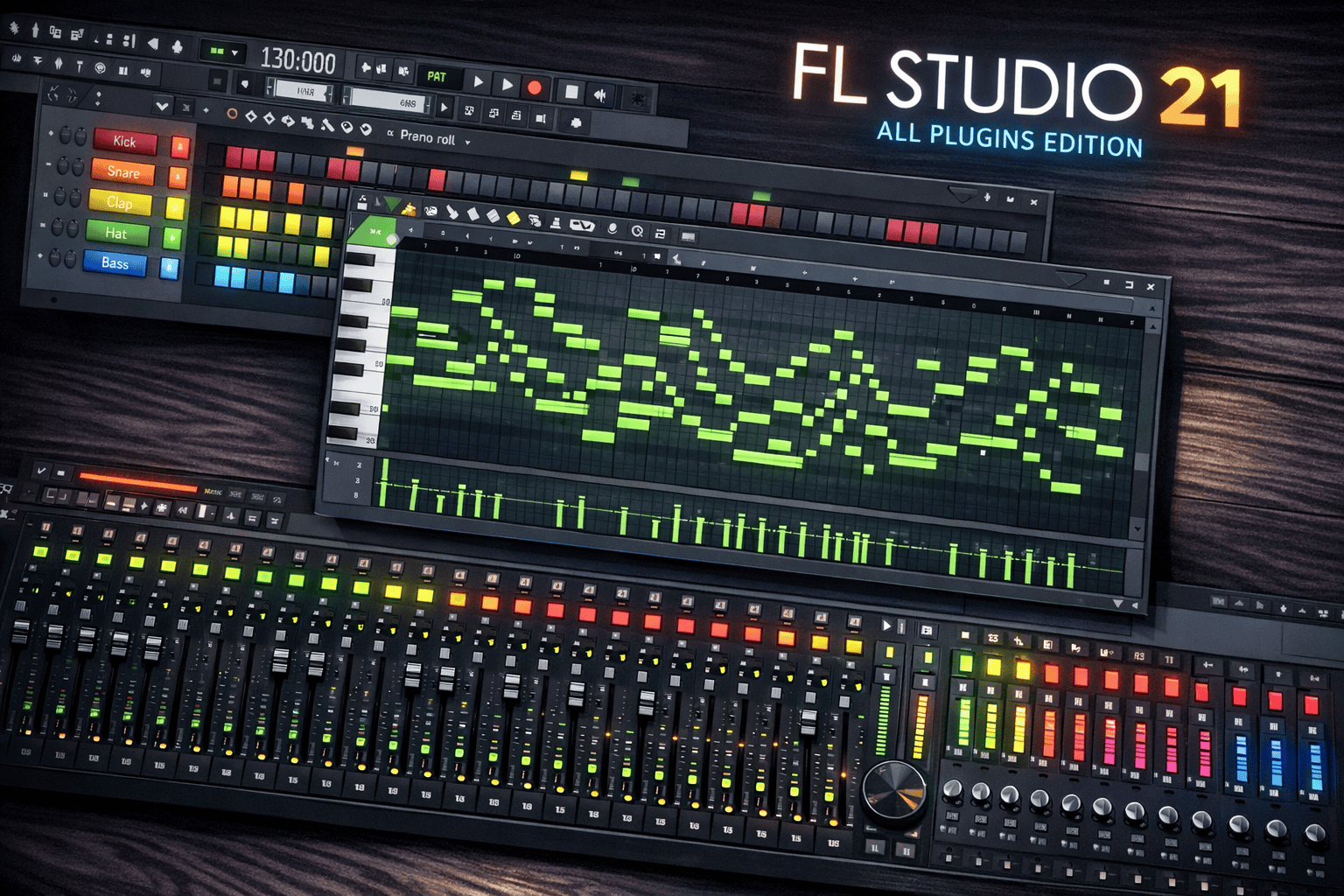 FL Studio 21 All Plugins Edition interface captured from an overhead angle showing the iconic step sequencer pattern grid