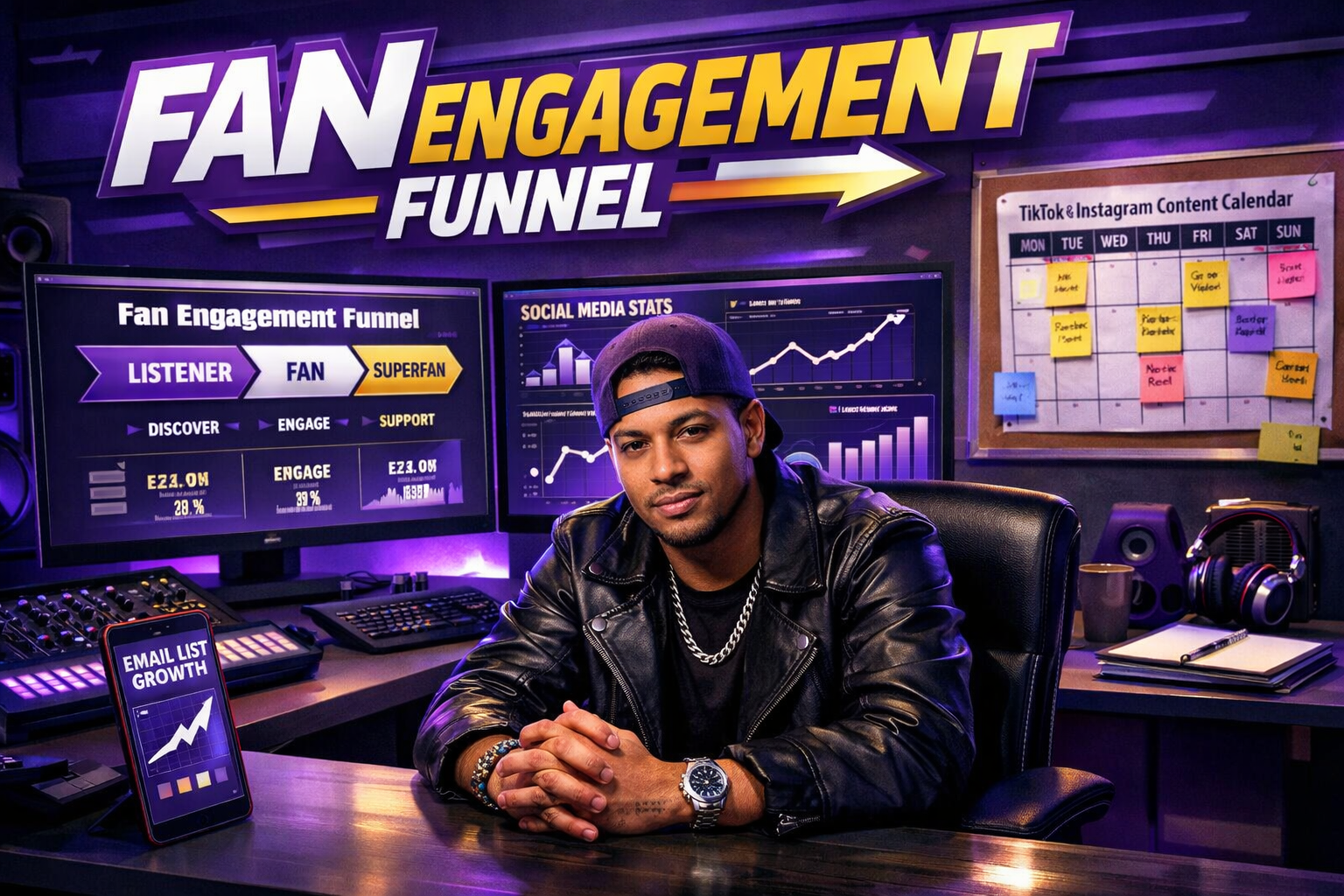 () depicting a music artist's digital marketing command center: dual monitors showing fan engagement funnel diagrams