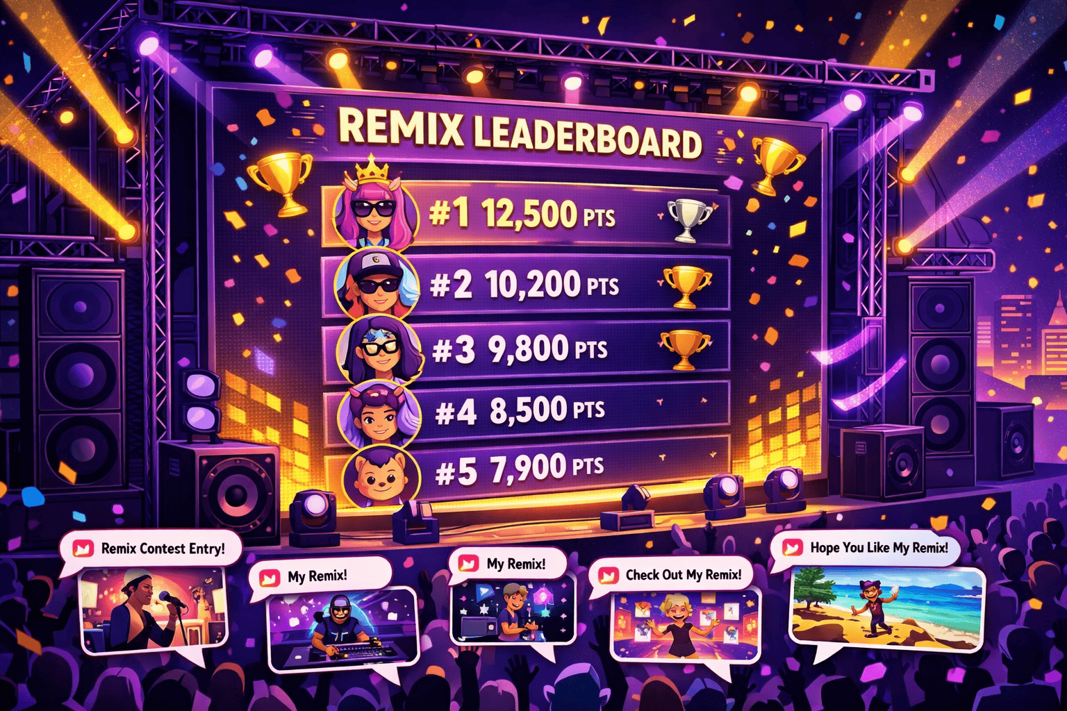 () isometric illustration of a gamified leaderboard displayed on a large screen at a virtual concert stage, with fan avatars