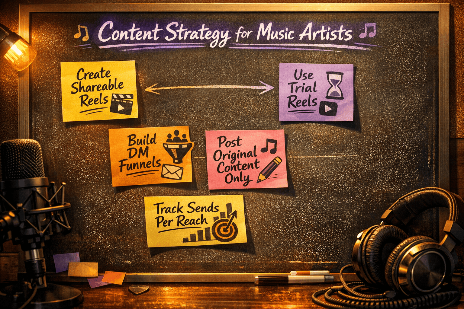 () action-oriented checklist visual showing a step-by-step content strategy board for music artists. Sticky notes on a dark