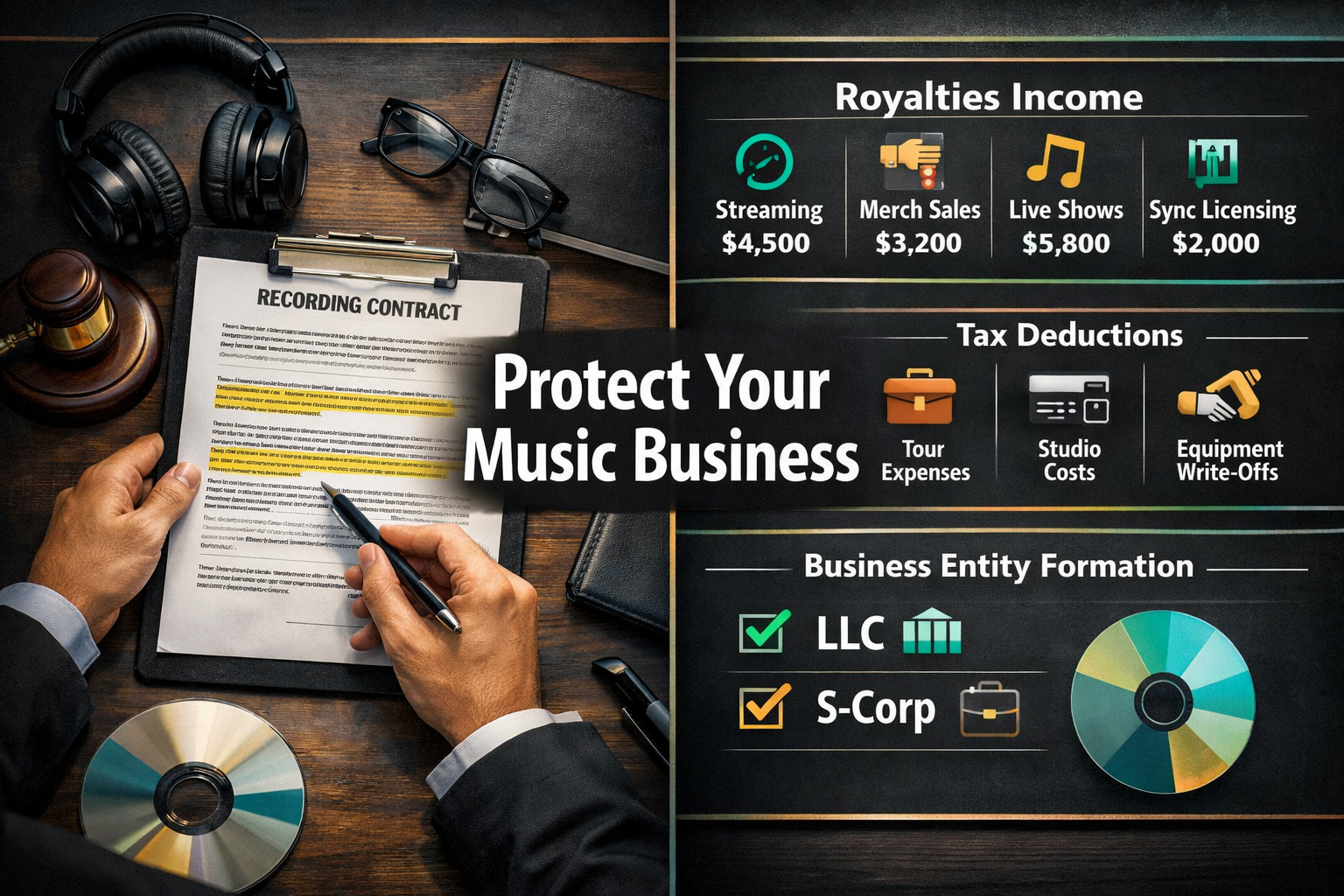() showing a split legal and financial planning visual for musicians: left panel features a music attorney reviewing a