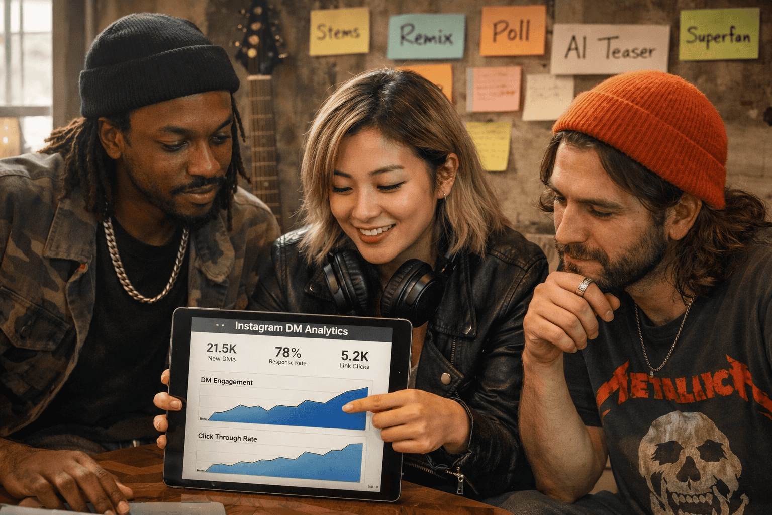 () editorial photograph style image of a diverse group of three independent musicians gathered around a tablet showing