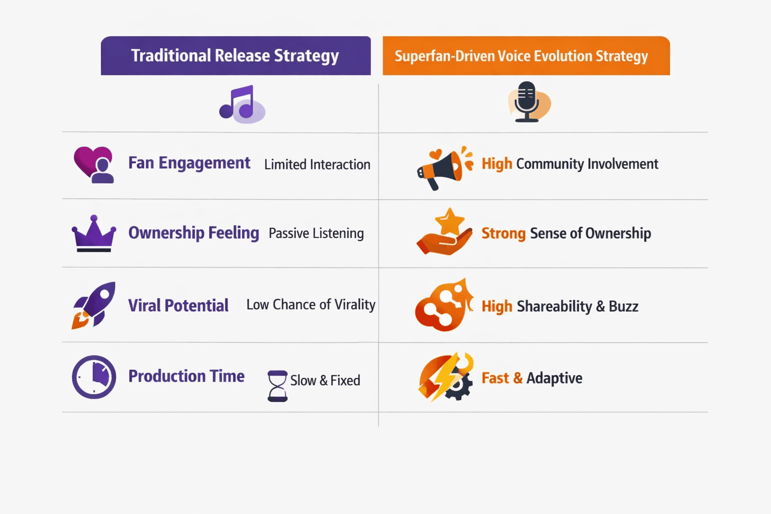 () comparison table visualization designed as a modern infographic showing two columns: 'Traditional Release Strategy'