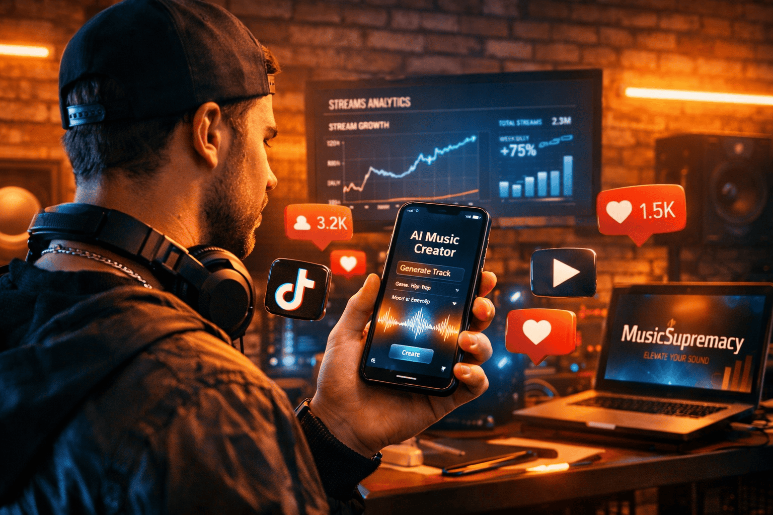 () wide-angle concept image showing a music artist holding a smartphone with AI music app interface glowing on screen,