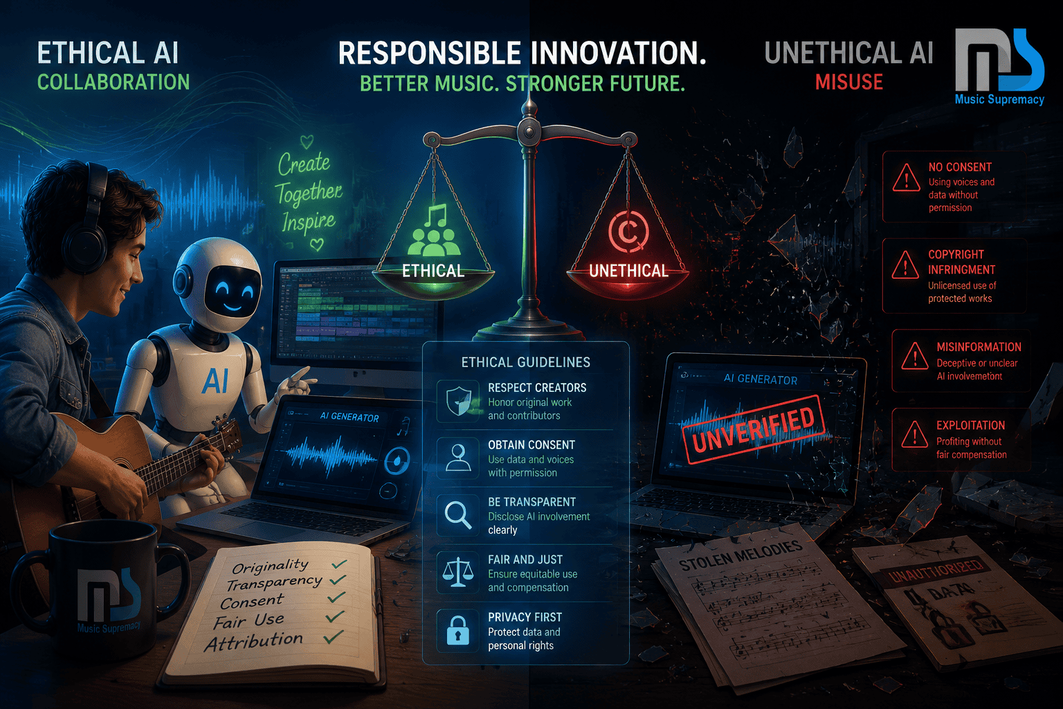 Ethical AI Music Generation section image: Split-screen conceptual illustration showing ethical vs unethical AI music