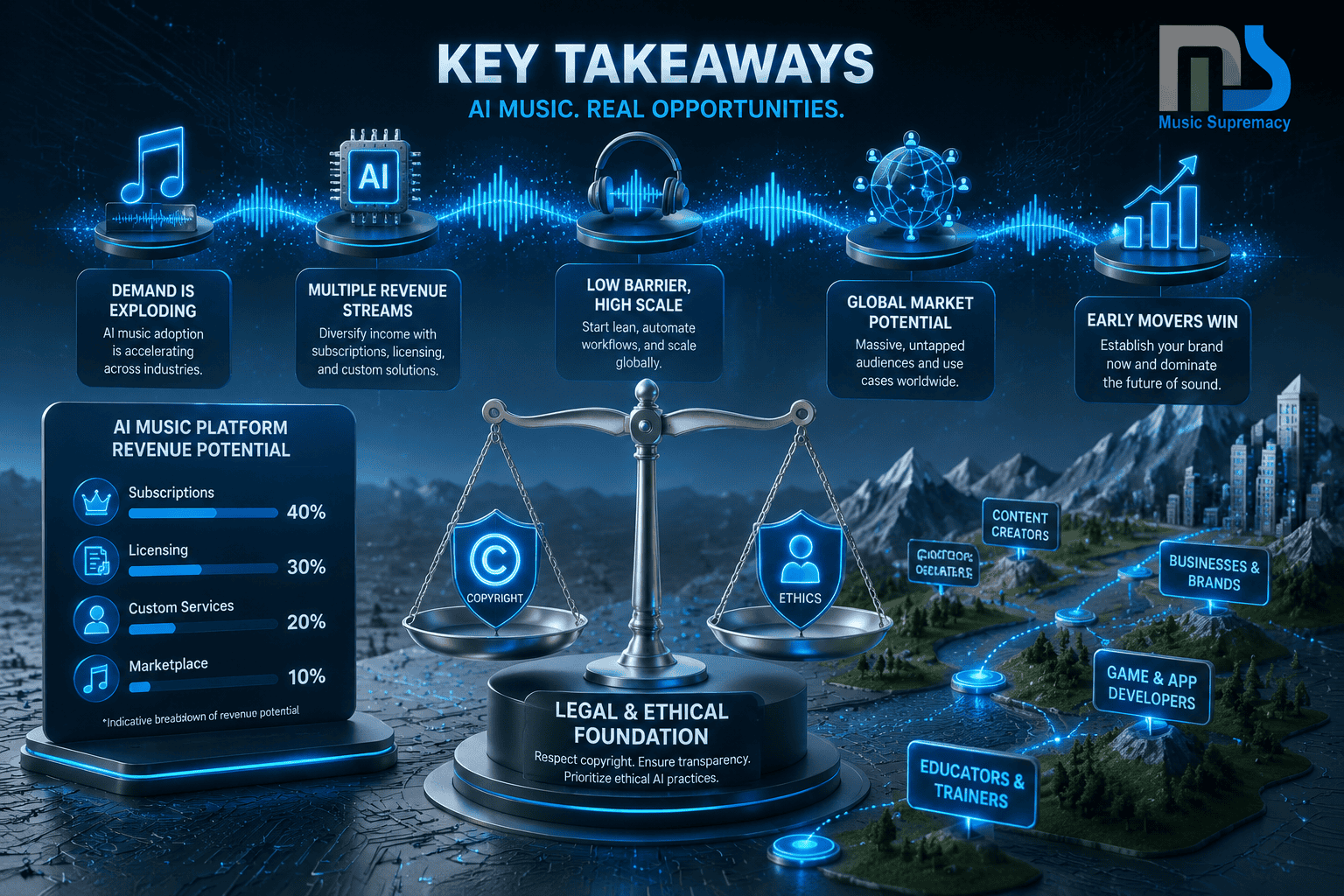 Key Takeaways section graphic: Stylized isometric landscape with floating AI music generator icons, digital sound waves