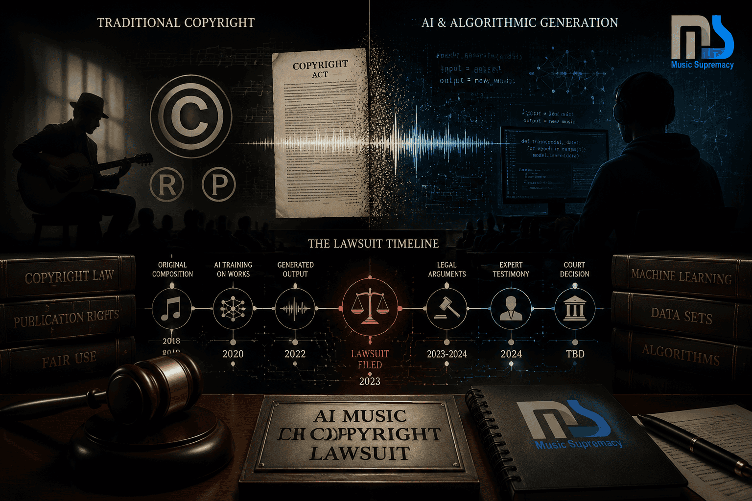 Legal Landscape section image: Dramatic courtroom-inspired composition with split-screen visualization, one side showing