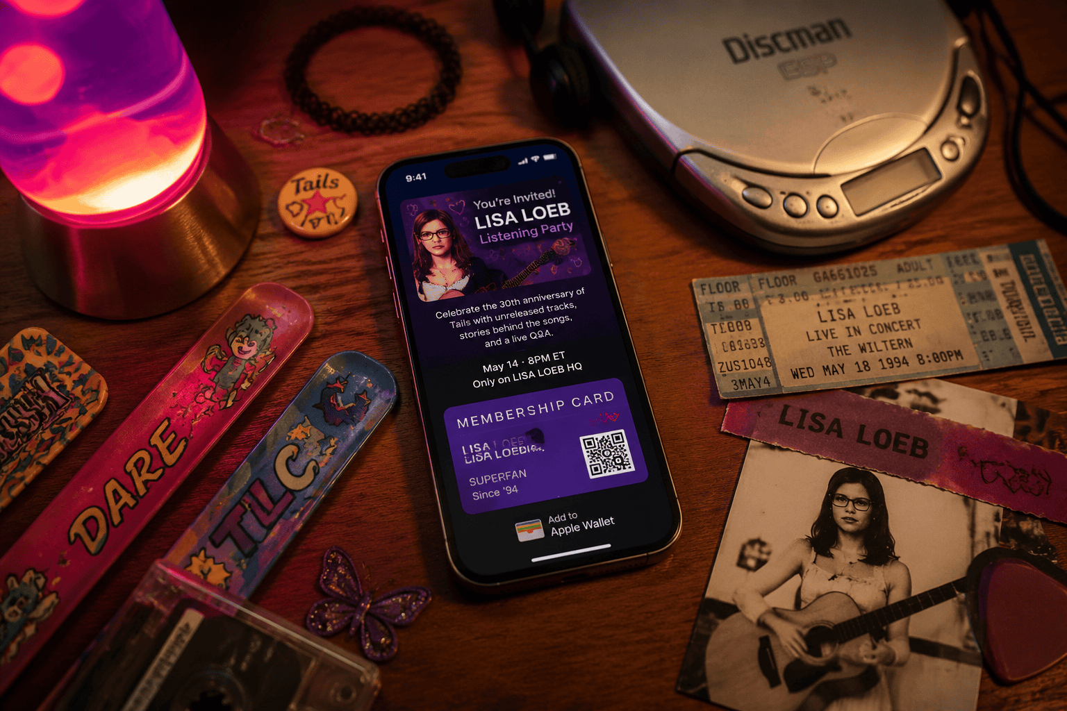 () dramatic overhead shot of a smartphone displaying an Instagram AR listening party invitation with a digital membership