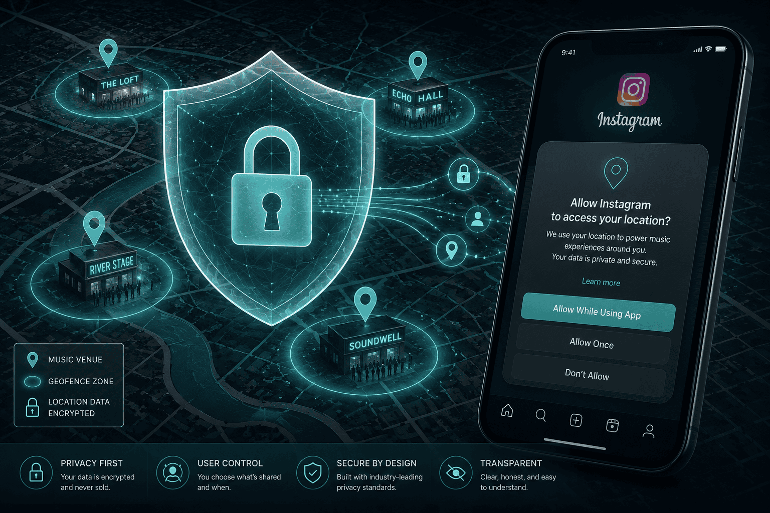 () editorial concept image showing a privacy and technology theme: a translucent shield icon overlaying a city map with