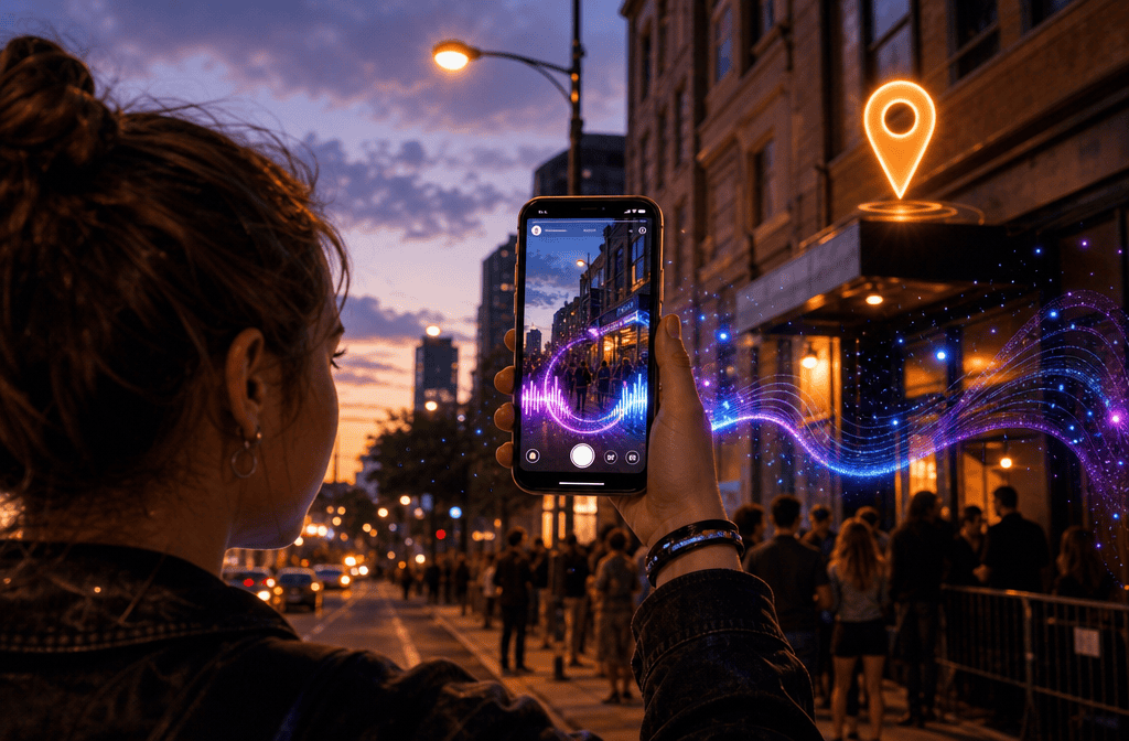 () editorial illustration showing a smartphone screen displaying an Instagram Story with a glowing AR music visualizer