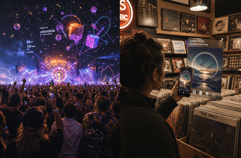 () split-screen editorial photo showing two contrasting scenes: left side shows a festival crowd with AR particle effects