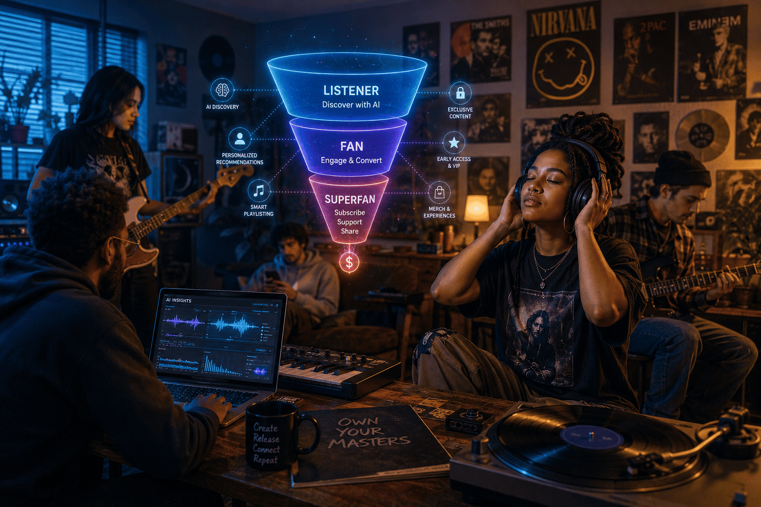() wide-angle view of a diverse group of independent musicians in a modern home studio, one person at a laptop with AI