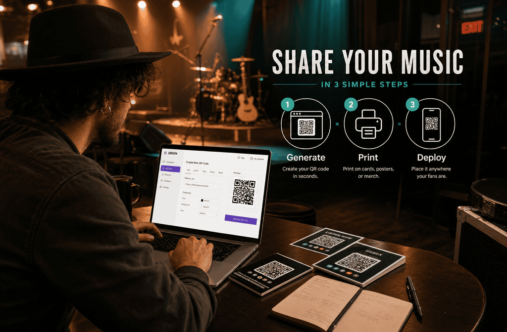 () editorial illustration showing a step-by-step QR code creation workflow on a laptop screen with a musician at a venue
